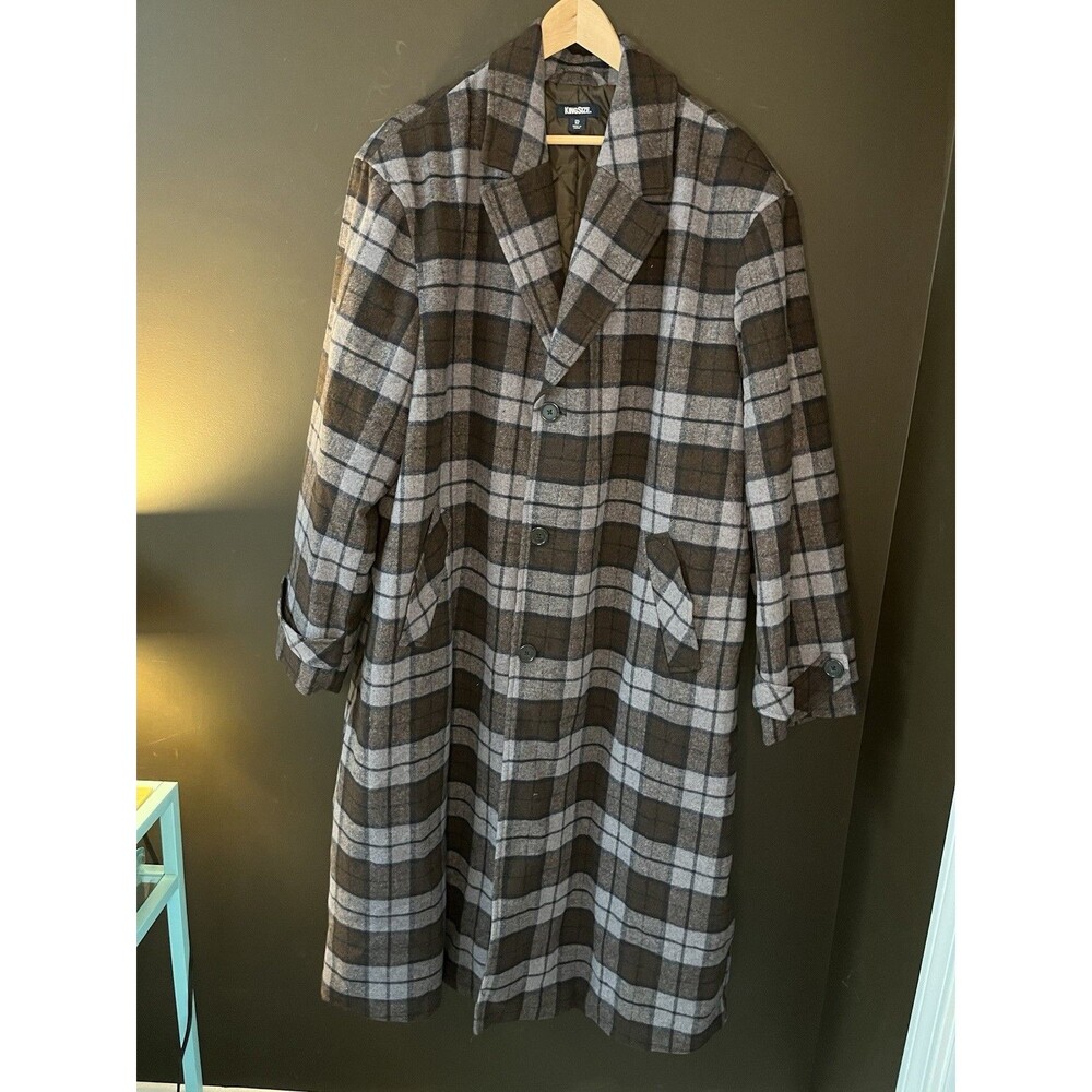 KingSize Mens 2XL Big Wool Blend Plaid Long Overcoat Topcoat NWT Brown Gray